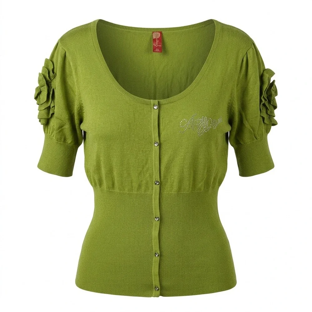 Apple Bottoms Green Short Sleeve Faux Cardigan Rhinestone Ruffle XL Womens Top